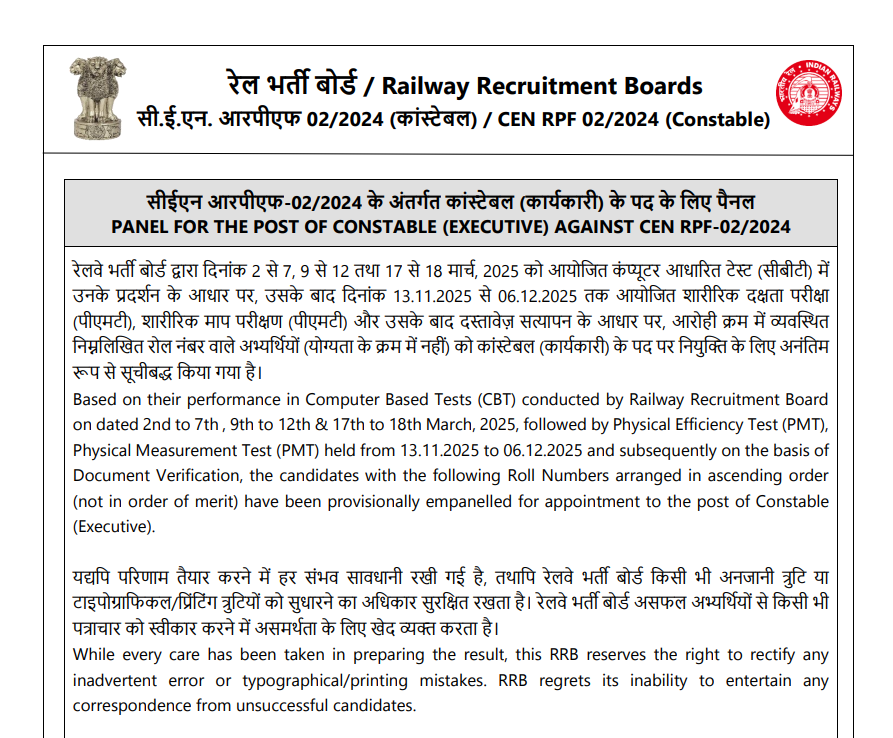 RRB RPF Constable Result 2025